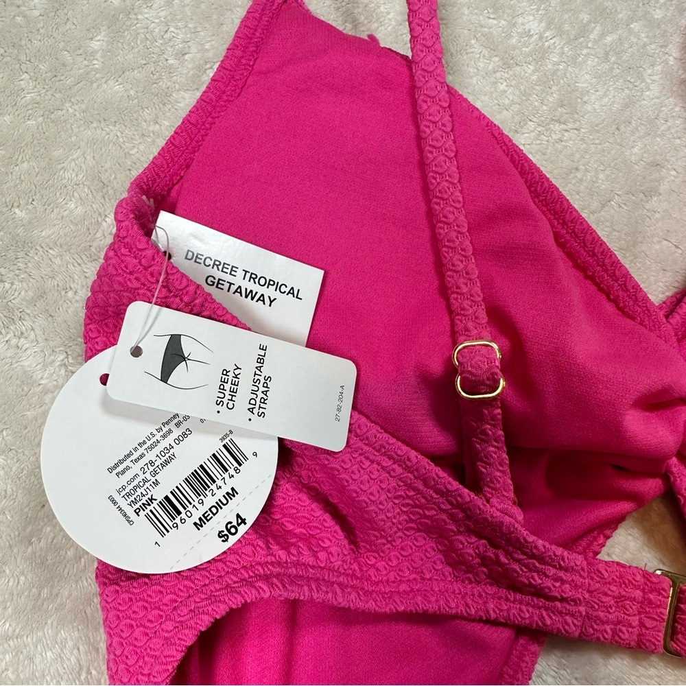 Decree Pink Tropical Getaway Vacation Cut Out Super Cheeky One Piece Swimsuit - Picture 6 of 9